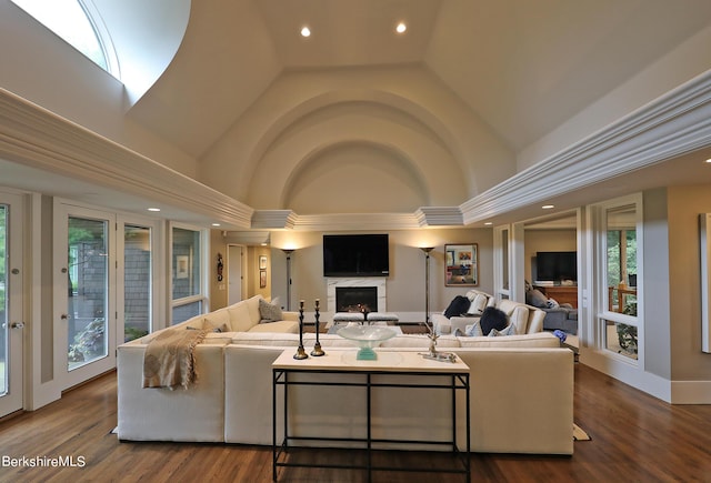 living room with a premium fireplace, lofted ceiling, and hardwood / wood-style flooring