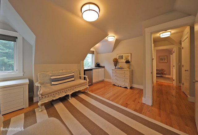 bedroom with light hardwood / wood-style floors, lofted ceiling, and sink