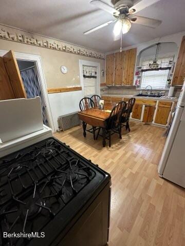 kitchen featuring black stove, ceiling fan, fridge, light hardwood / wood-style floors, and radiator heating unit