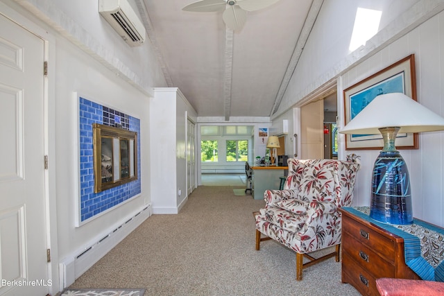 living area with light carpet, a wall unit AC, ceiling fan, a baseboard heating unit, and lofted ceiling with beams