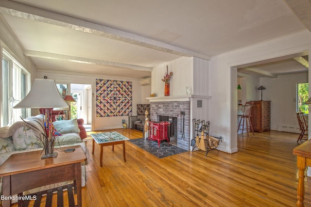 living room with hardwood / wood-style floors, a baseboard radiator, a wood stove, and a wealth of natural light