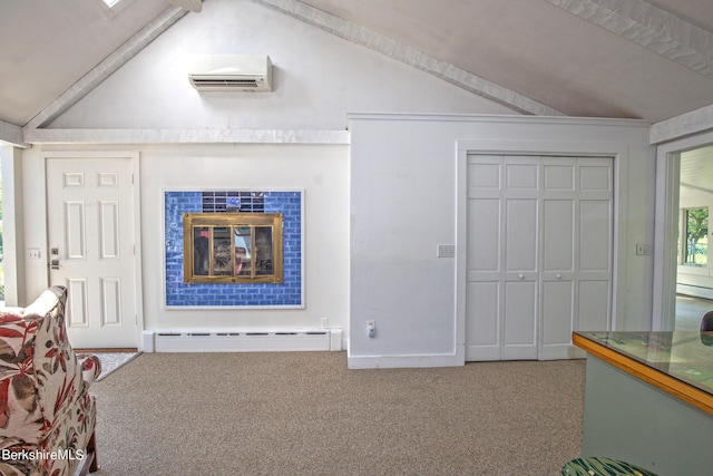 living area featuring a wall unit AC, carpet flooring, a baseboard radiator, and lofted ceiling