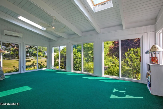 unfurnished sunroom with a wall mounted air conditioner, lofted ceiling with beams, and a healthy amount of sunlight