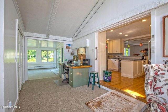 office space with light colored carpet, lofted ceiling, and a baseboard radiator