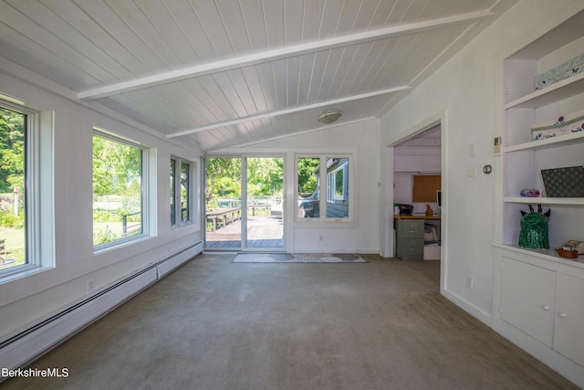 unfurnished sunroom with vaulted ceiling with beams and a baseboard heating unit