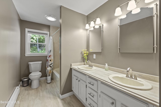 83 Bradley St, North Adams, MA 01247 - bathroom with a baseboard heating unit, double vanity, and shower / bath combination with curtain