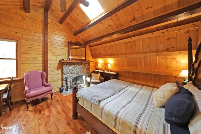 235 Algerie Rd, Becket, MA 01223 - bedroom with wooden walls, hardwood / wood-style flooring, wood ceiling, and a fireplace