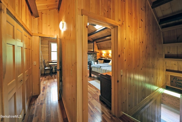 235 Algerie Rd, Becket, MA 01223 - hallway featuring wooden walls, dark wood finished floors, and wood ceiling
