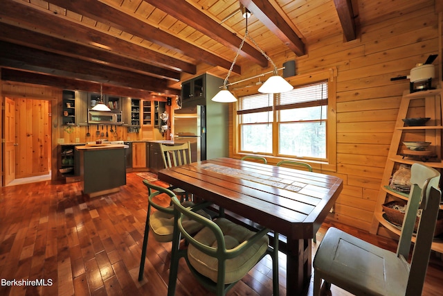 235 Algerie Rd, Becket, MA 01223 - dining area featuring a wood ceiling with exposed beams, wooden walls, and dark wood finished floors