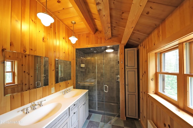 235 Algerie Rd, Becket, MA 01223 - bathroom with wood walls, double vanity, a shower stall, and wood ceiling