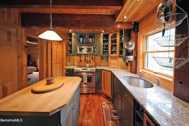 235 Algerie Rd, Becket, MA 01223 - kitchen featuring butcher block countertops, stainless steel appliances, dark wood-type flooring, beam ceiling, and wooden walls