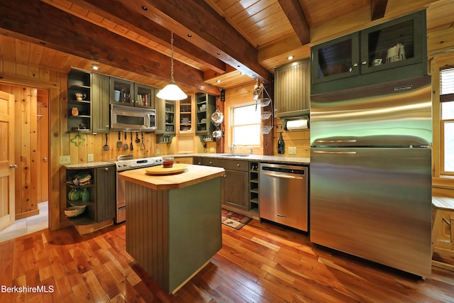 235 Algerie Rd, Becket, MA 01223 - kitchen featuring stainless steel appliances, open shelves, butcher block countertops, hardwood / wood-style flooring, and a wood ceiling with exposed beams