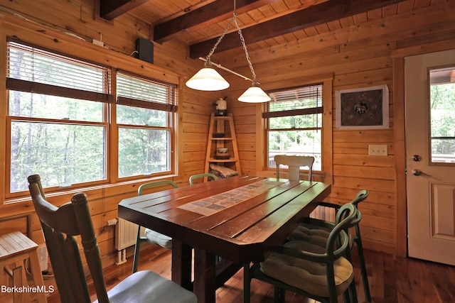 235 Algerie Rd, Becket, MA 01223 - dining space with wooden walls, a wood ceiling with exposed beams, and hardwood / wood-style floors