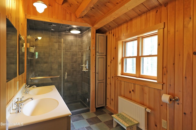 235 Algerie Rd, Becket, MA 01223 - full bathroom with radiator, a stall shower, double vanity, wood walls, and a wood ceiling with exposed beams