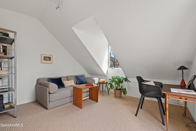 office featuring carpet flooring and lofted ceiling