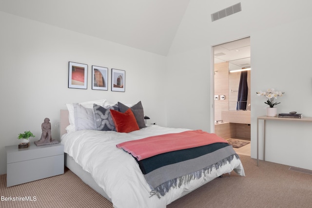 bedroom with high vaulted ceiling, carpet, visible vents, and connected bathroom