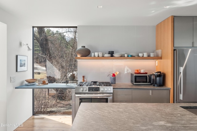 kitchen featuring decorative backsplash, appliances with stainless steel finishes, gray cabinetry, and wood finished floors
