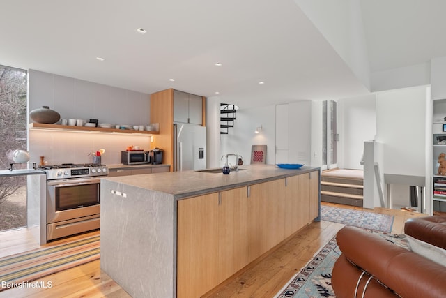 kitchen featuring modern cabinets, appliances with stainless steel finishes, a sink, light wood finished floors, and decorative backsplash