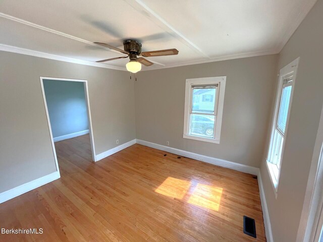 22 Marietta St, North Adams, MA 01247 - empty room featuring ornamental molding, ceiling fan, and light wood-style floors