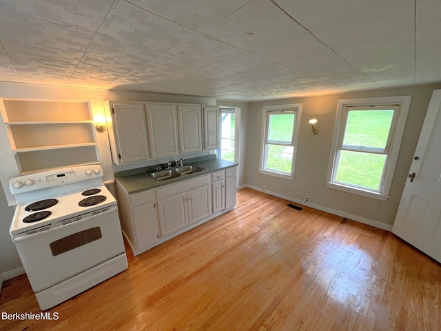 22 Marietta St, North Adams, MA 01247 - kitchen with electric range, white cabinetry, open shelves, and light wood-type flooring