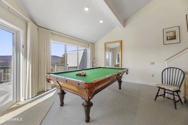 recreation room featuring lofted ceiling with beams, a mountain view, light carpet, and pool table