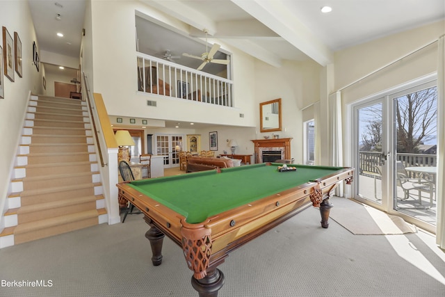 rec room with pool table, high vaulted ceiling, light colored carpet, ceiling fan, and beam ceiling