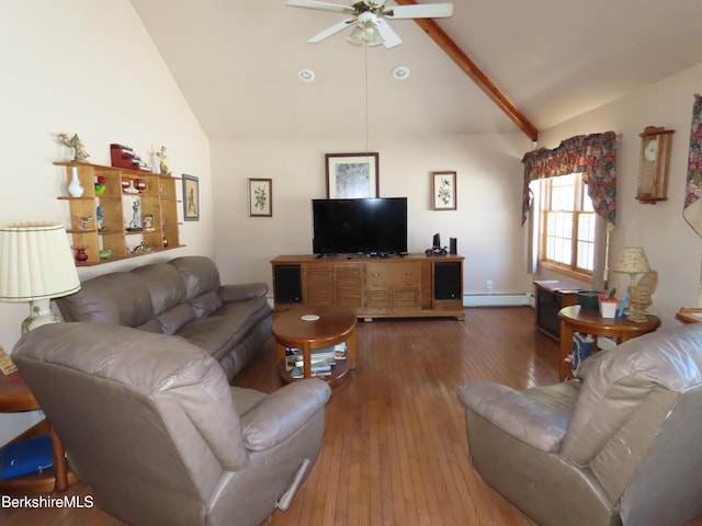 living room with hardwood / wood-style floors, high vaulted ceiling, a ceiling fan, and a baseboard radiator