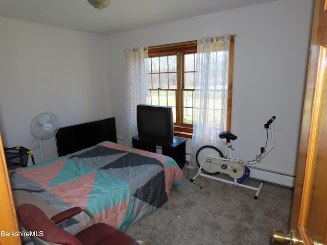 bedroom featuring a baseboard heating unit and carpet