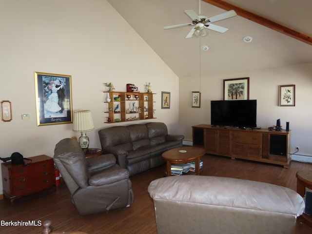 living area featuring beamed ceiling, high vaulted ceiling, a ceiling fan, and wood finished floors