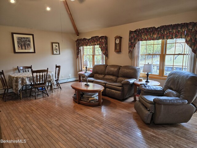 living room featuring ceiling fan and vaulted ceiling