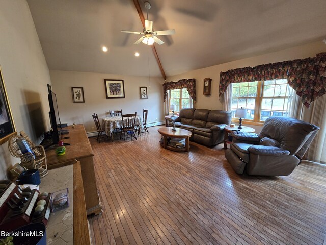 living room featuring hardwood / wood-style floors, lofted ceiling with beams, ceiling fan, and plenty of natural light