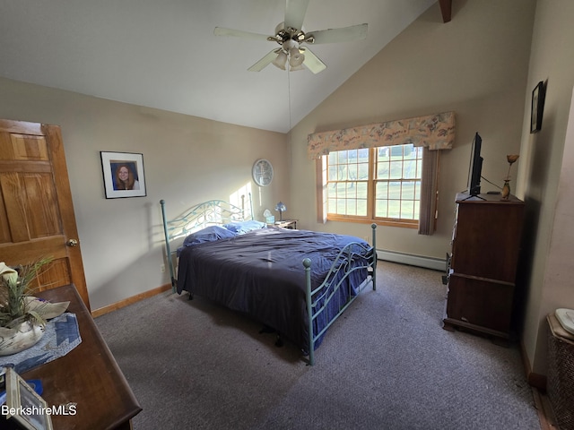 bedroom featuring a ceiling fan, baseboards, high vaulted ceiling, a baseboard radiator, and carpet flooring