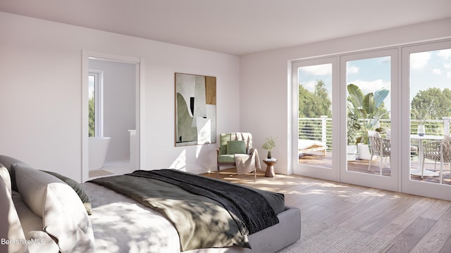 bedroom with access to exterior, french doors, and light hardwood / wood-style flooring