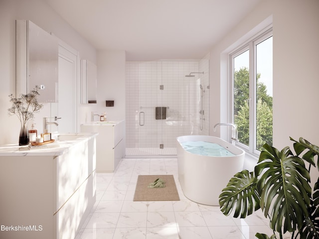 bathroom with vanity, plenty of natural light, and independent shower and bath