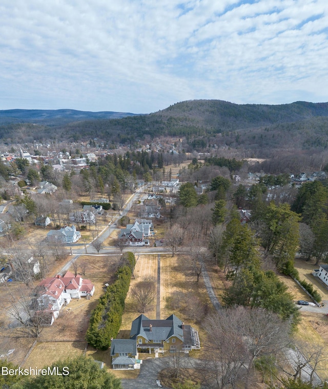 drone / aerial view featuring a mountain view