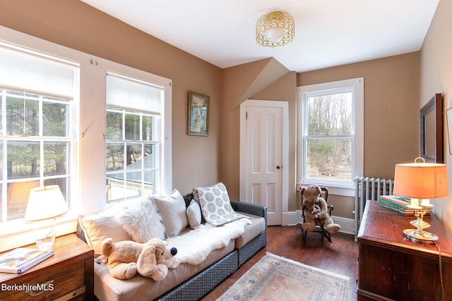 living area featuring a healthy amount of sunlight, radiator heating unit, baseboards, and wood finished floors