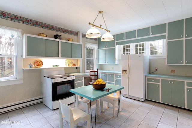 kitchen with open shelves, white appliances, green cabinets, light tile patterned floors, and baseboard heating