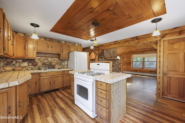 189 Cross Place Rd, Washington, MA 01223 - kitchen with white appliances, tile countertops, a baseboard radiator, dark wood finished floors, and tasteful backsplash