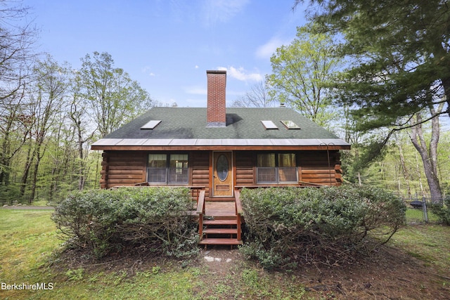 189 Cross Place Rd, Washington, MA 01223 - rear view of property with log exterior, covered porch, a chimney, and roof with shingles