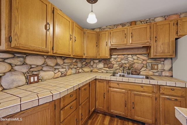 189 Cross Place Rd, Washington, MA 01223 - kitchen featuring a sink, tasteful backsplash, dark wood-style floors, tile counters, and pendant lighting