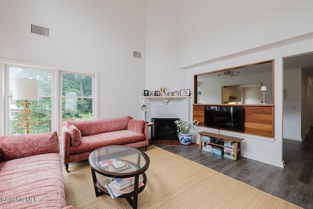 80 Taconic Ave # 14, Great Barrington, MA 01230 - living area with a towering ceiling, wood finished floors, and a fireplace