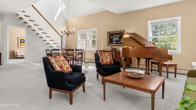764 E Hill Rd, New Marlborough, MA 01230 - living area featuring stairway, a chandelier, baseboard heating, and carpet