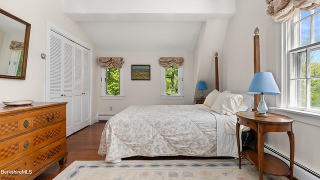 764 E Hill Rd, New Marlborough, MA 01230 - bedroom with a baseboard heating unit, lofted ceiling, wood finished floors, and a closet