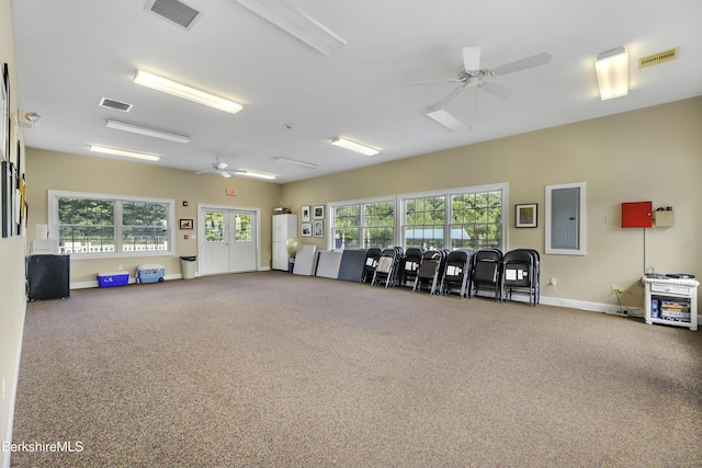 exercise room featuring carpet flooring, ceiling fan, and electric panel