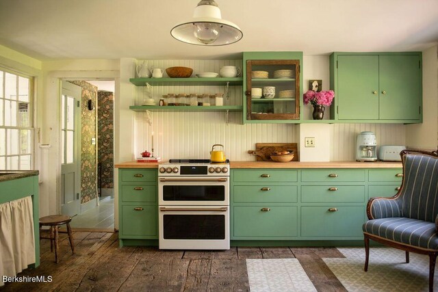 9 Yale Hill Rd, Stockbridge, MA 01262 - kitchen featuring range with two ovens, green cabinetry, open shelves, and dark wood-style flooring