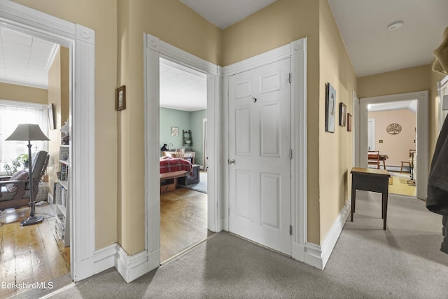 corridor featuring baseboards, wood finished floors, and carpet flooring