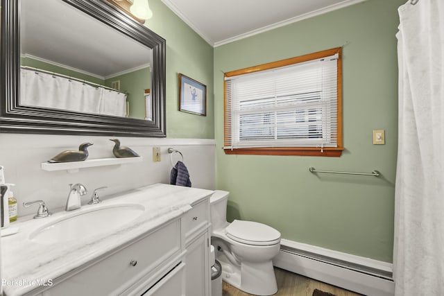 full bathroom with toilet, ornamental molding, wood finished floors, baseboard heating, and vanity