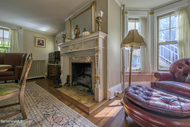 living area with a fireplace, hardwood / wood-style floors, radiator, and ornamental molding