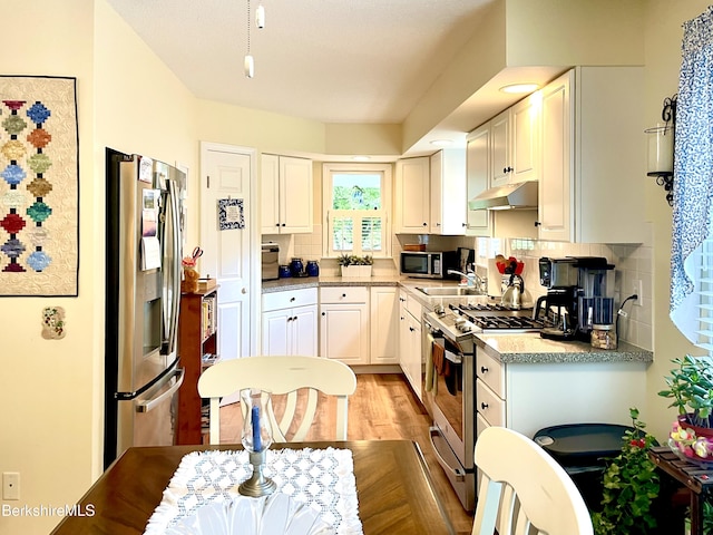 50 Walden Ln, Pittsfield, MA 01201 - kitchen featuring stainless steel appliances, under cabinet range hood, light countertops, white cabinetry, and decorative backsplash