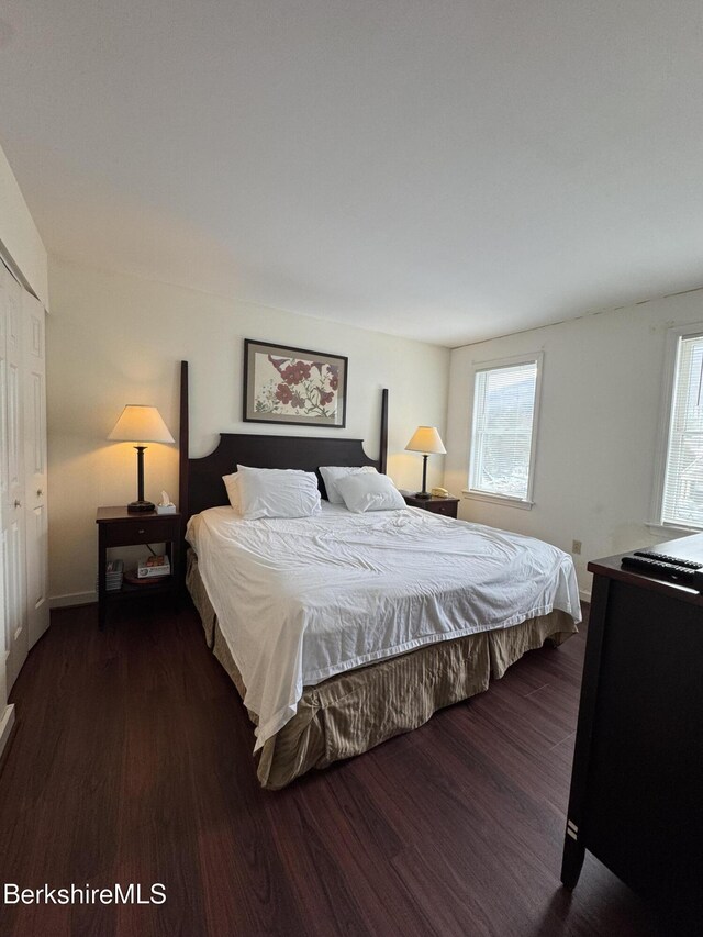 bedroom with dark wood-style floors and a closet